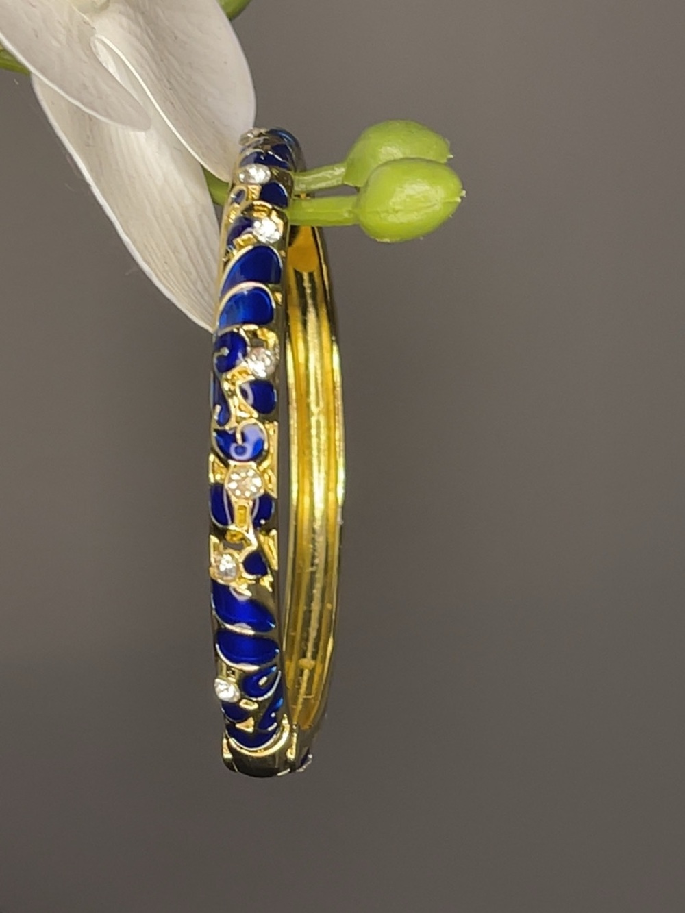 Gold and Blue Enamel Floral Bangle Bracelet